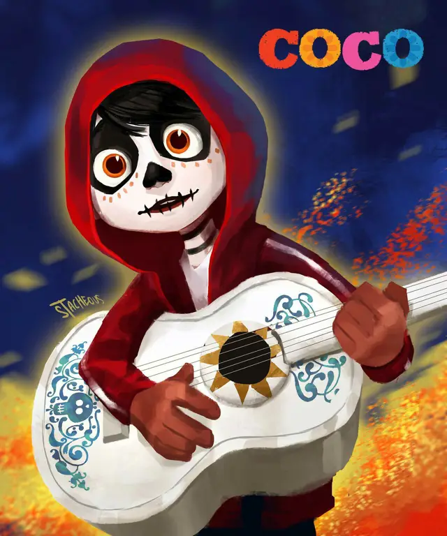 Gambar adegan Miguel bermain gitar dalam film Coco