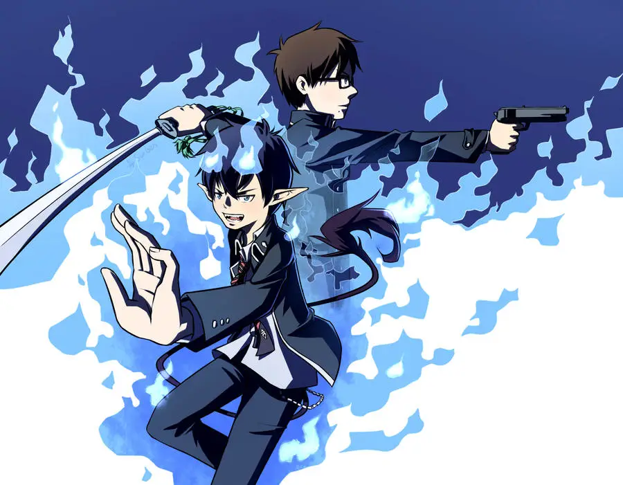 Adegan pertarungan seru antara Rin Okumura dan iblis dalam anime Blue Exorcist