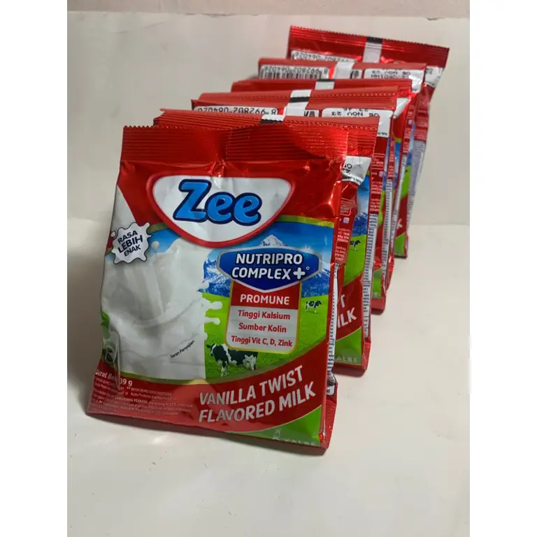 Berbagai macam rasa Susu Zee sachet yang tersedia di pasaran.