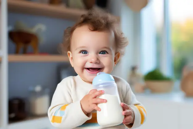 Bayi yang sehat dan bahagia sedang minum susu