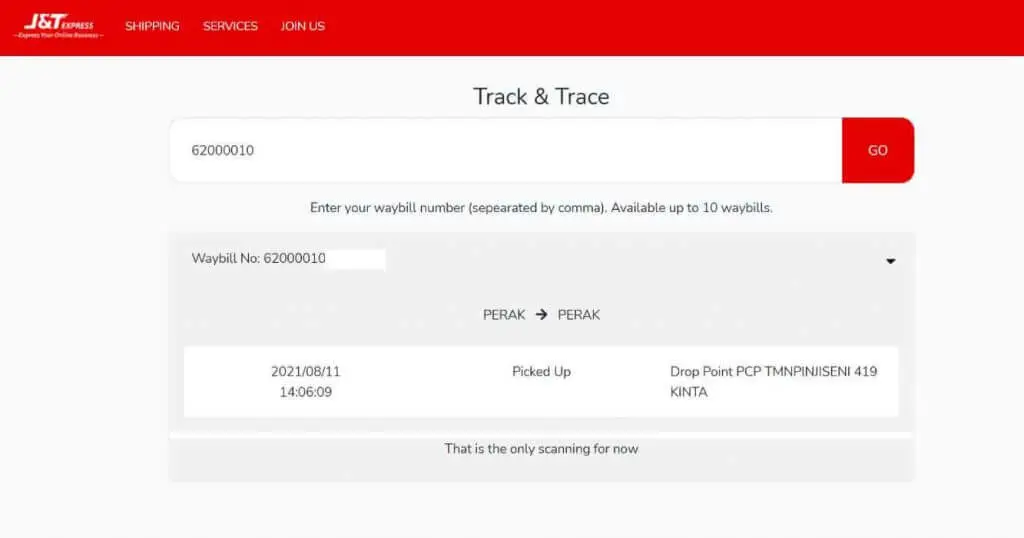 Gambar contoh nomor pelacakan JNT