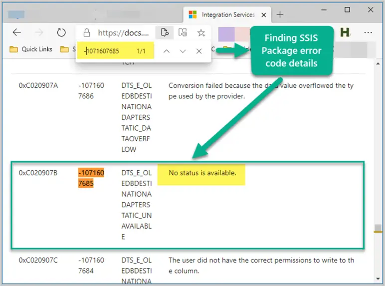 Contoh pesan kesalahan SSIS