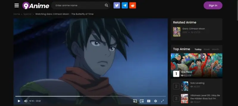 Antarmuka situs web streaming anime