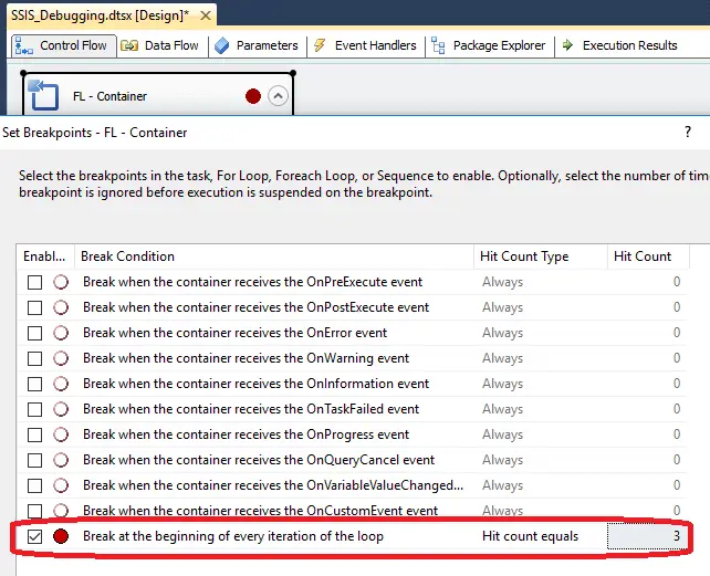 Gambar contoh proses debugging paket SSIS