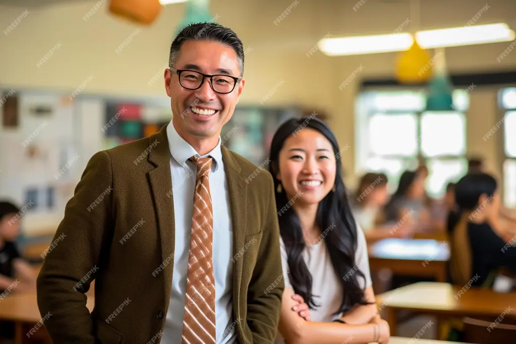 Gambar seorang guru Asia di kelas