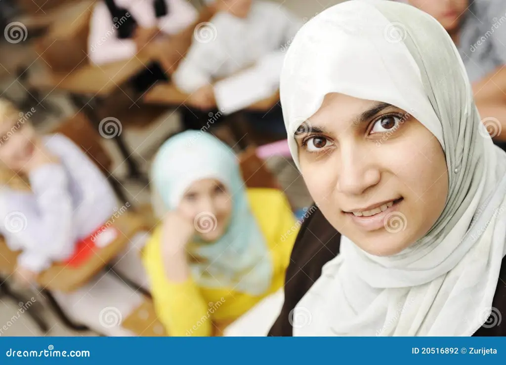 Gambar guru perempuan muslim mengajar di kelas