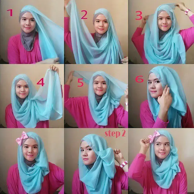 Gaya hijab segi empat simpel dengan bros