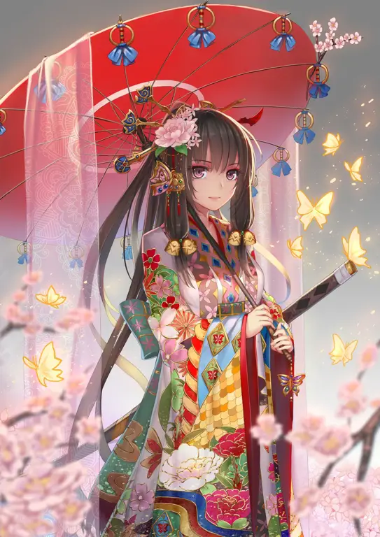 Ilustrasi gadis anime dalam kimono