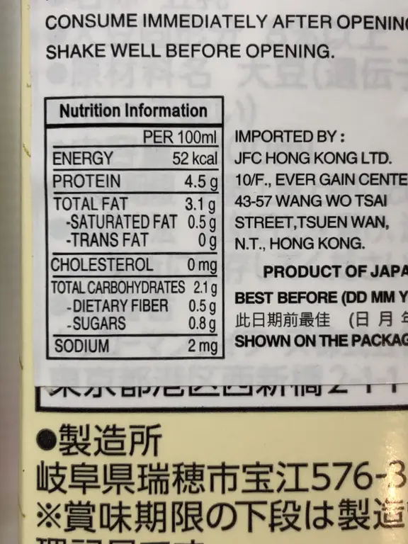 Gambar informasi nutrisi susu kedelai