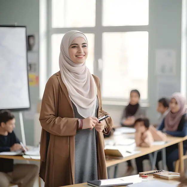 Foto seorang guru mengenakan hijab berinteraksi positif dengan murid-muridnya