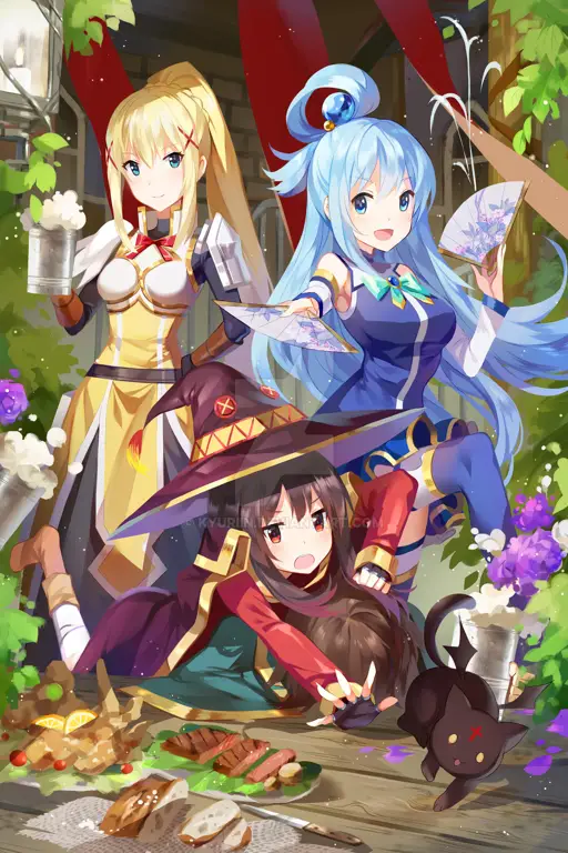 Gambar karakter-karakter KonoSuba dalam pose yang lucu dan ramah