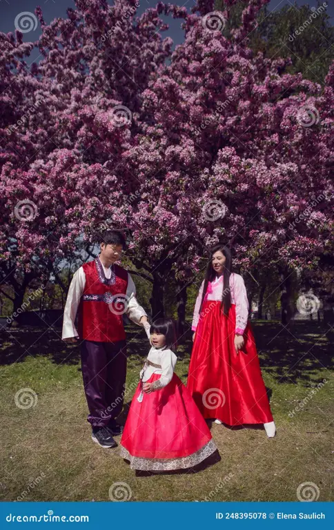 Foto keluarga Korea di alam terbuka dengan latar belakang pemandangan yang indah