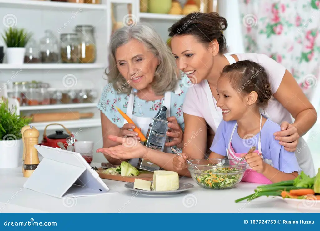 Gambar keluarga bahagia memasak bersama di dapur