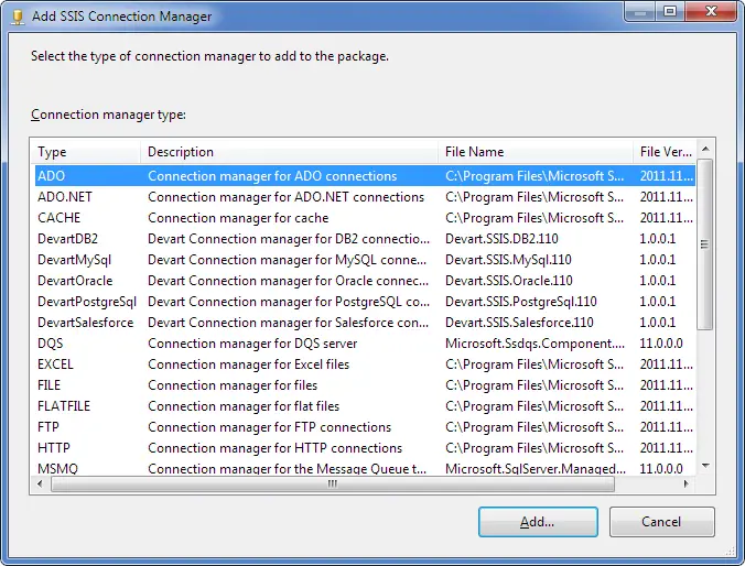 Gambar ilustrasi kesalahan connection manager di SSIS