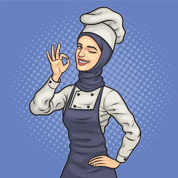 Ilustrasi koki wanita berhijab dengan gaya kartun modern dan elegan.