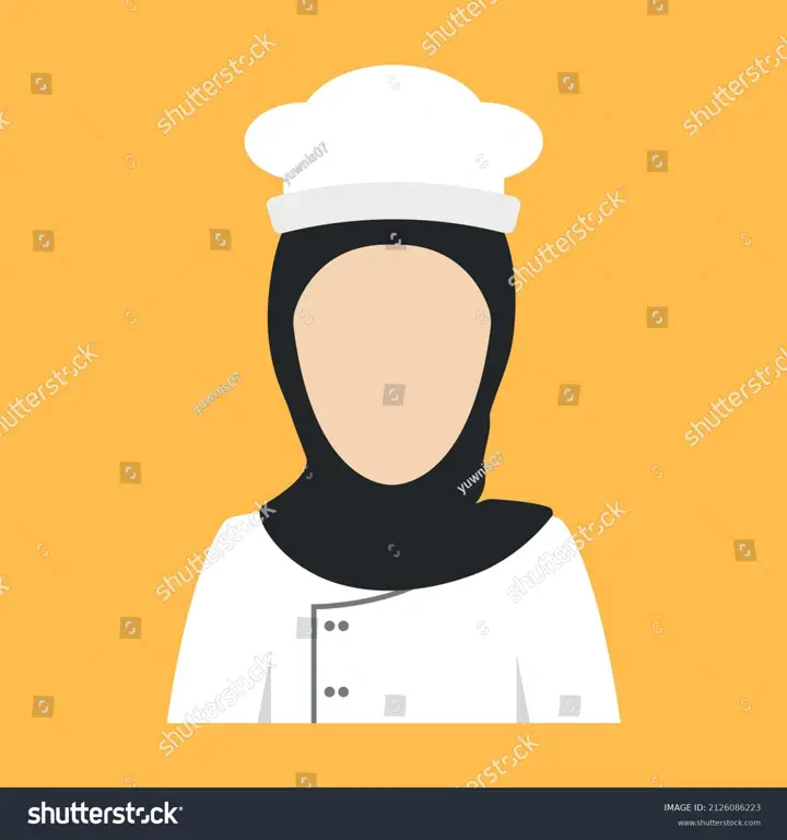 Gambar seorang koki wanita berhijab dengan gaya kartun yang lucu dan imut.