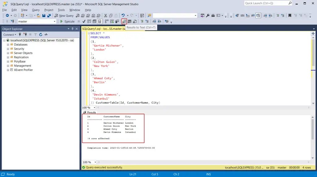 Gambar contoh koneksi di SQL Server Management Studio