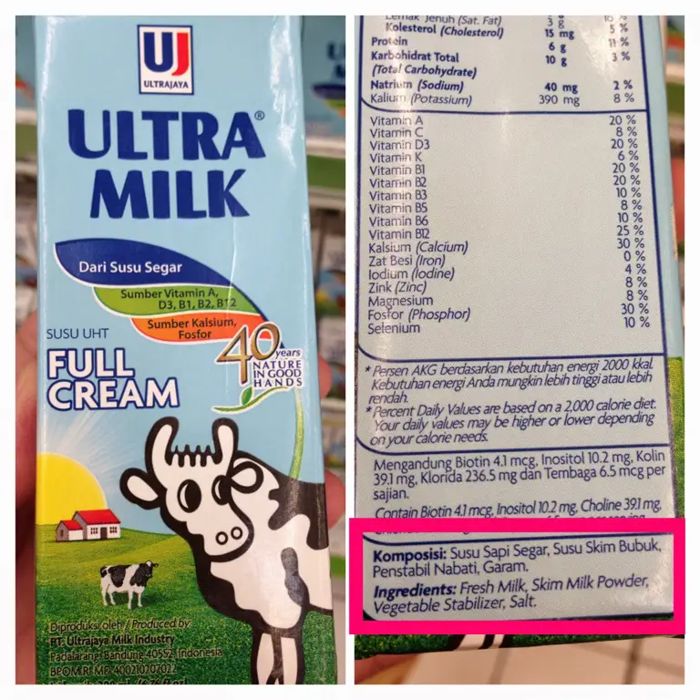 Gambar label komposisi susu Ultra Milk