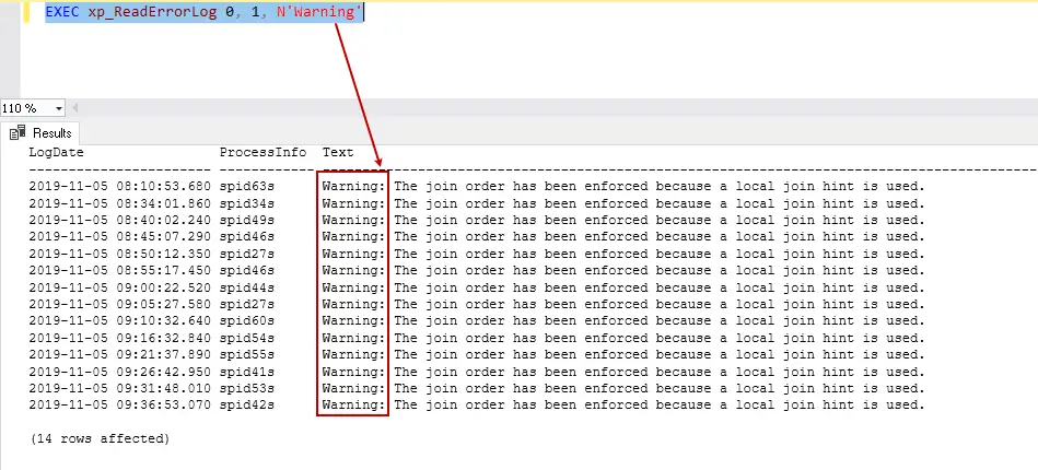 Contoh tampilan log kesalahan di SSMS