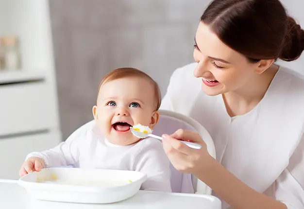 Ibu memberi makan bayi dengan makanan sehat