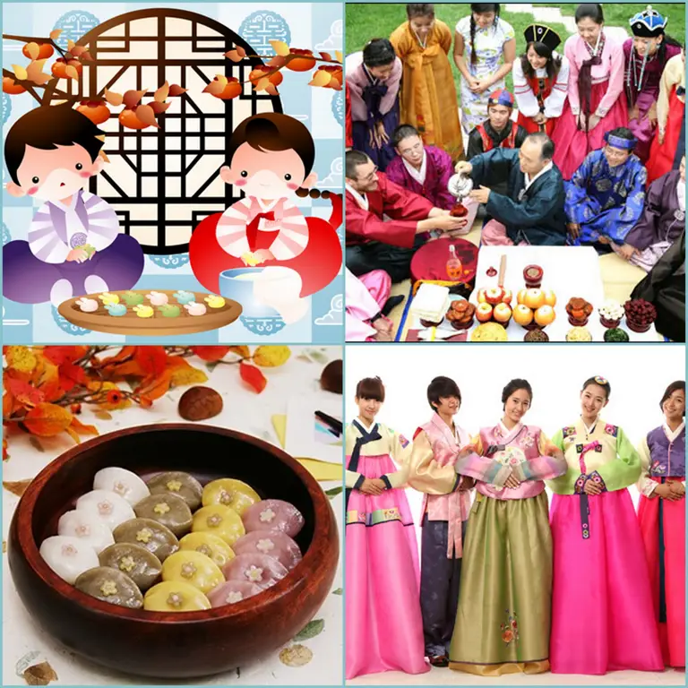 Gambar yang menggambarkan budaya dan tradisi Korea, seperti Hanbok dan makanan tradisional.