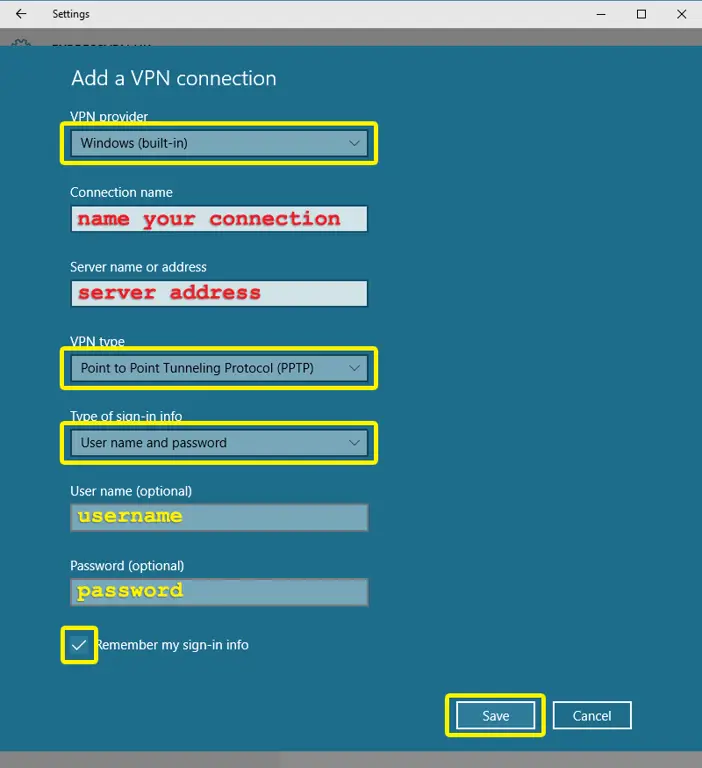 Gambar pengaturan koneksi VPN