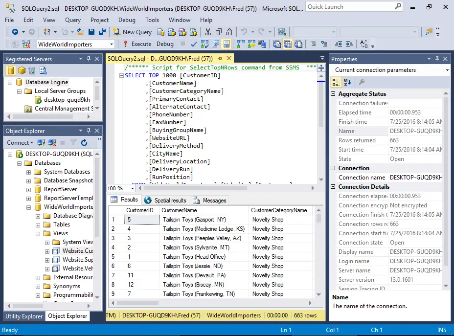 Antarmuka SQL Server Management Studio untuk memeriksa koneksi database