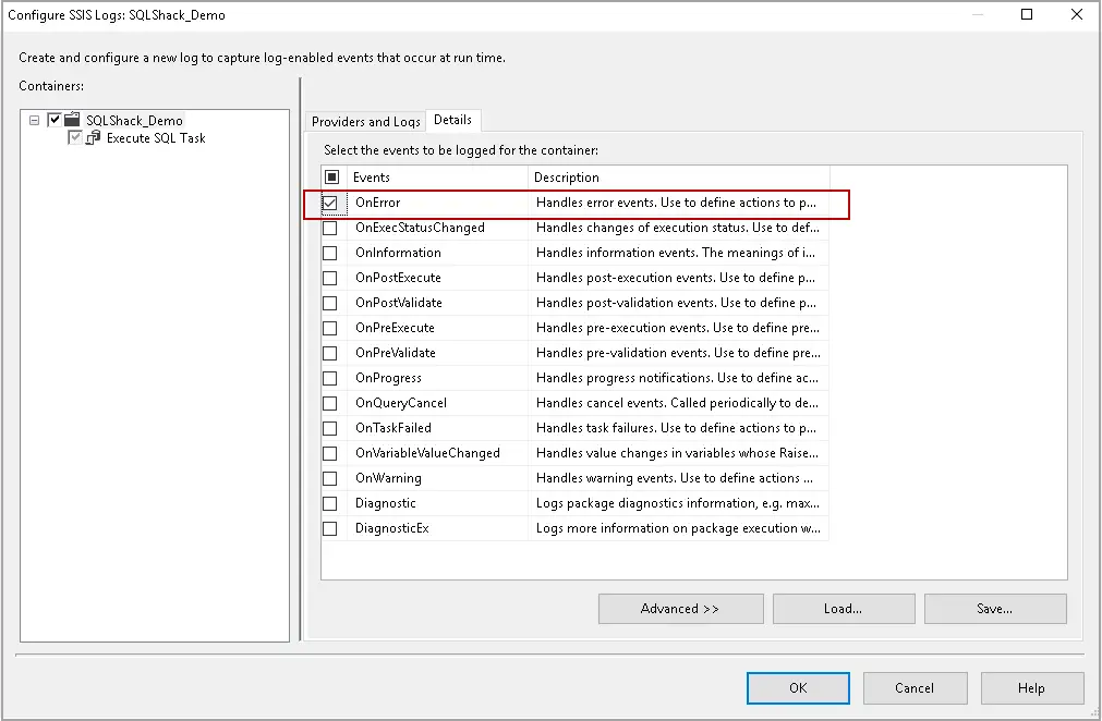 Contoh tampilan log kesalahan SSIS