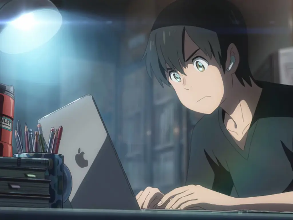 Seseorang menonton anime di laptop