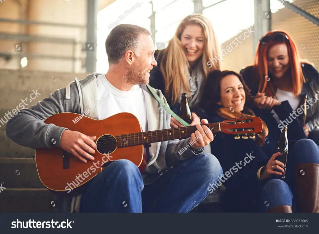 Teman-teman sedang bermain gitar bersama dengan gembira