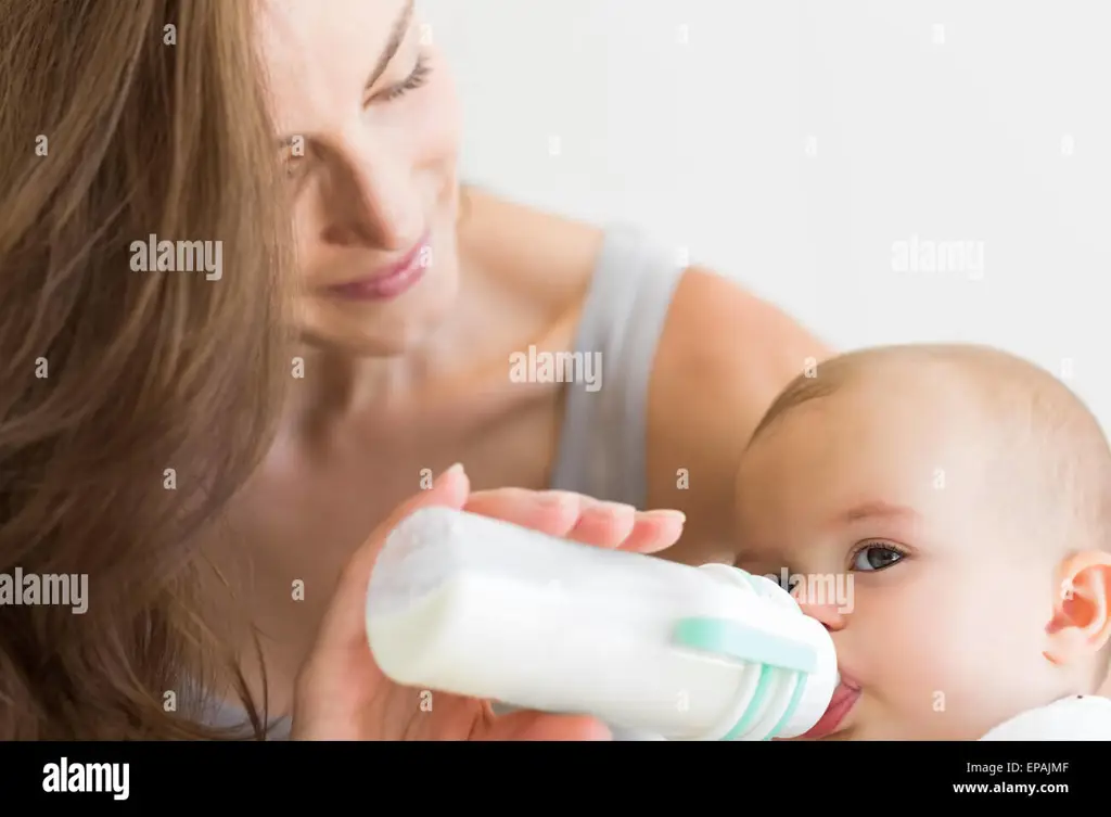 Ibu memberi susu botol kepada bayinya