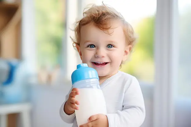 Bayi bahagia minum dari botol susu