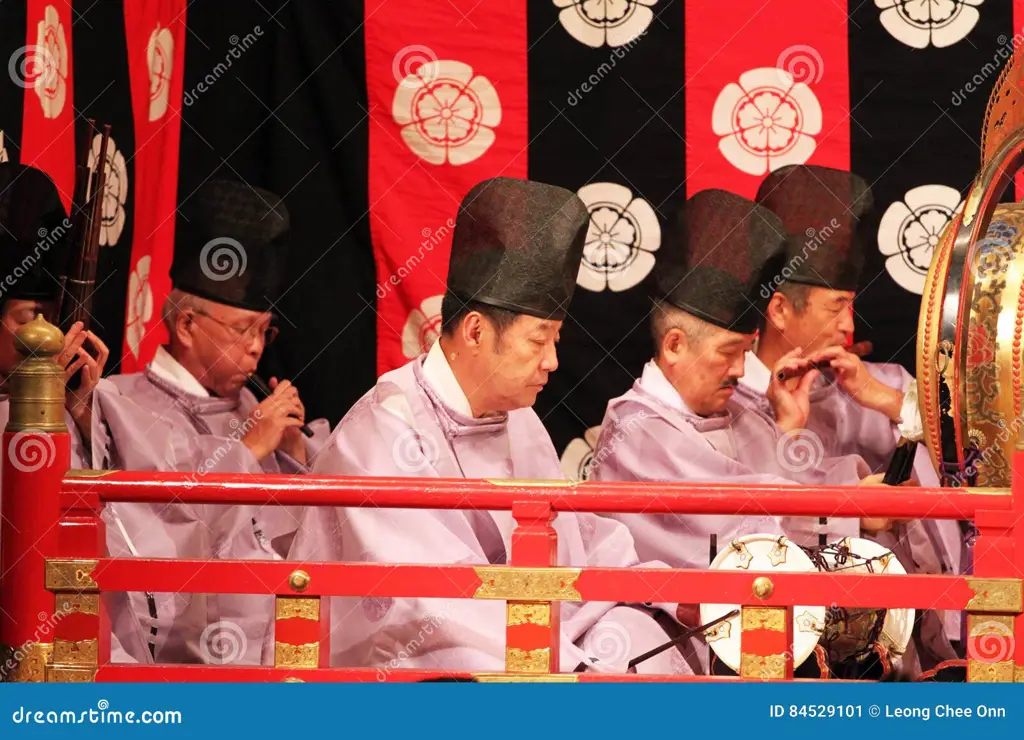 Seorang musisi Jepang memainkan instrumen gagaku