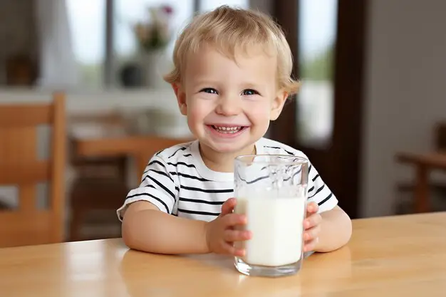 Bayi bahagia sedang minum susu