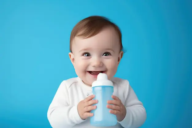 Bayi yang gembira sedang minum susu formula