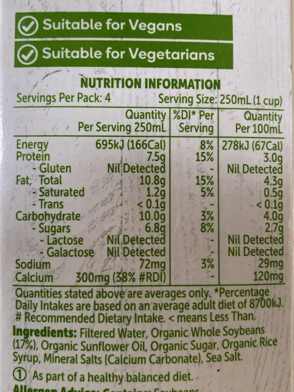 Label nutrisi susu soya