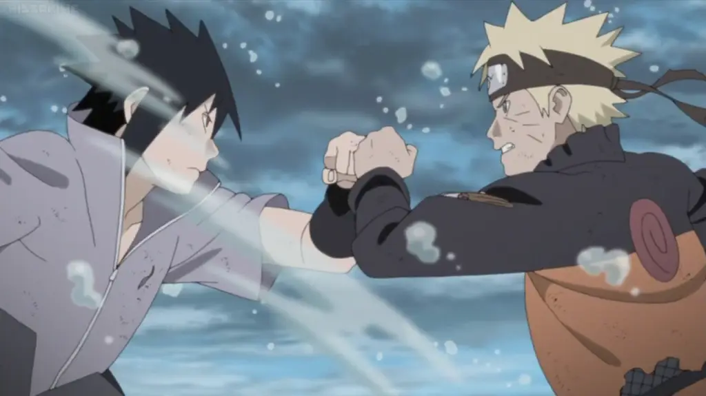 Gambar Naruto dan Sasuke bertarung dalam pertarungan epik