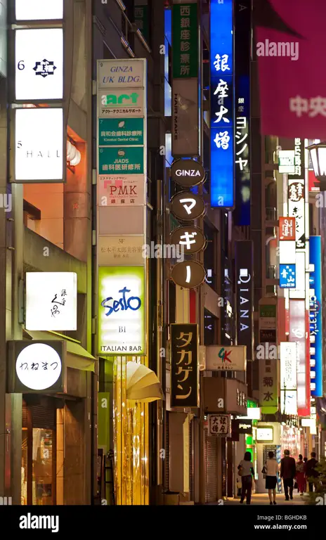 Jalan perbelanjaan Ginza di malam hari yang ramai dan indah