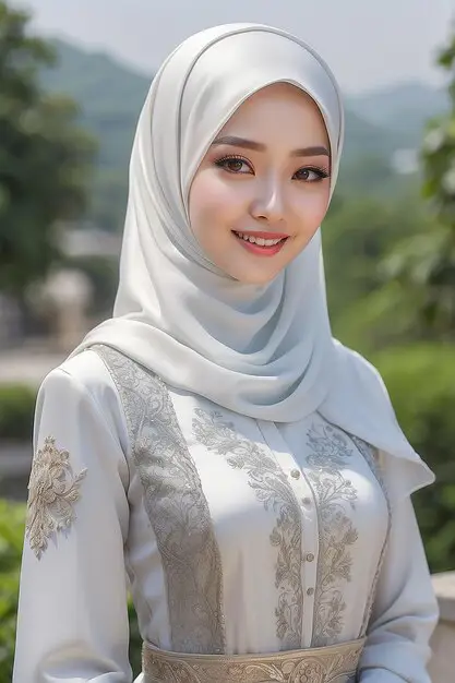 Perempuan Sunda berhijab mengenakan kebaya tradisional