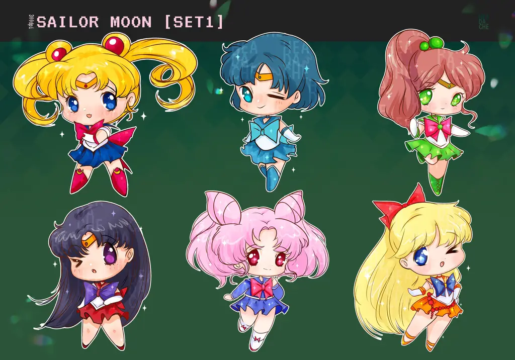 Gambar Sailor Moon dan para Sailor Senshi lainnya, termasuk Michiru Kujo