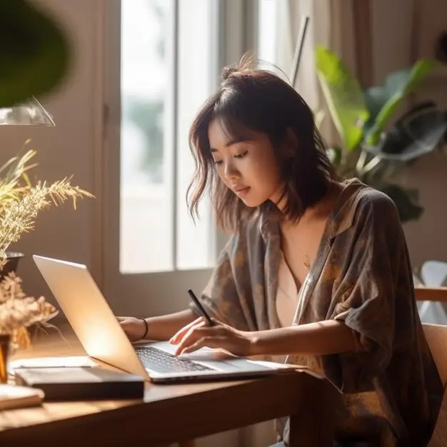 Wanita Jepang bekerja di laptop