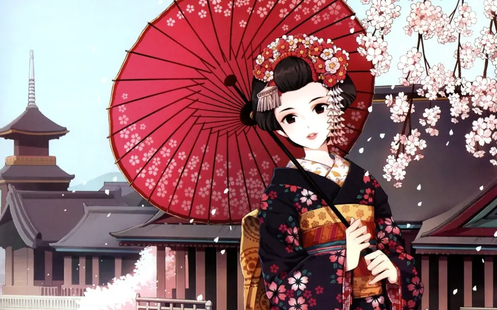 Ilustrasi gadis anime dengan pakaian tradisional Jepang