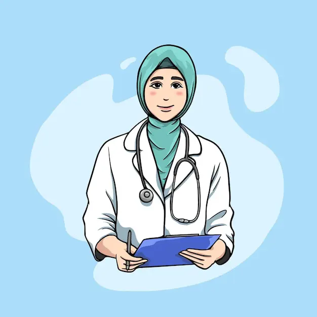 Sketsa dokter perempuan berhijab sedang memeriksa pasien