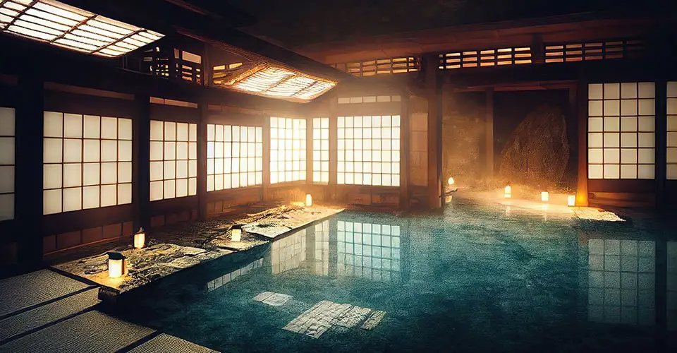 Gambar yang menampilkan suasana spa di Jepang yang menenangkan