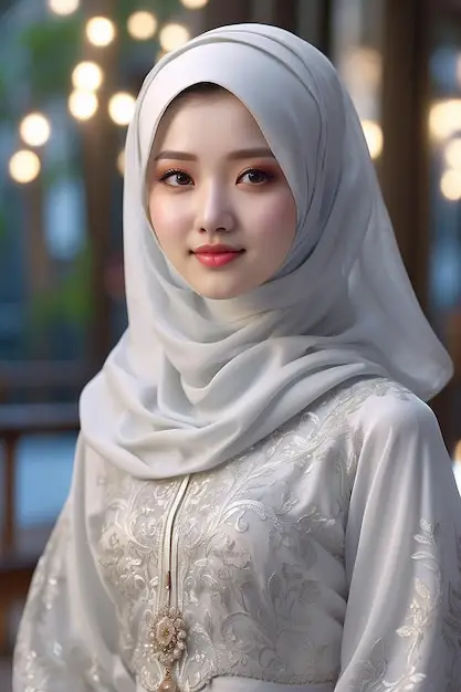 Wanita cantik mengenakan kebaya bludru modern hijab