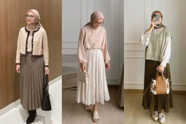 Wanita cantik mengenakan outfit hijab dan rok yang indah