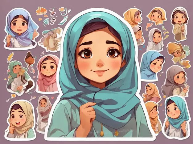 Wanita cantik mengenakan hijab dengan berbagai stiker