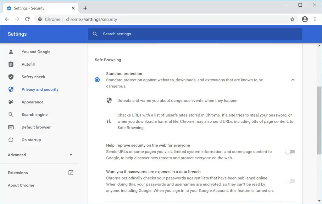 Pengaturan keamanan Google Chrome