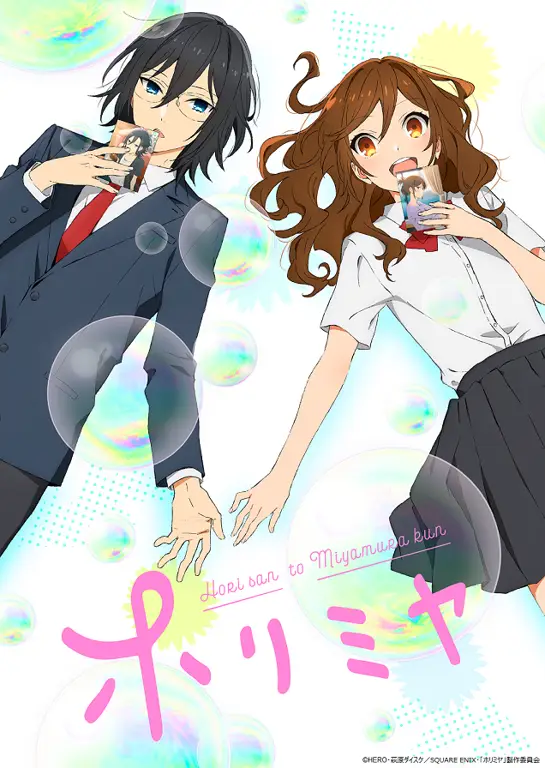 Visual kunci anime Horimiya yang menampilkan Hori dan Miyamura